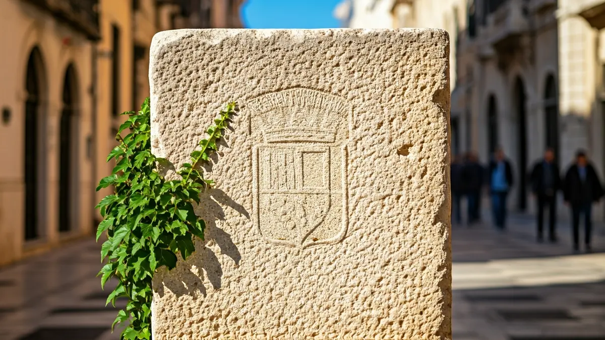Stone marker with Girona's coat of arms in the Placeta de l'Institut Vell.