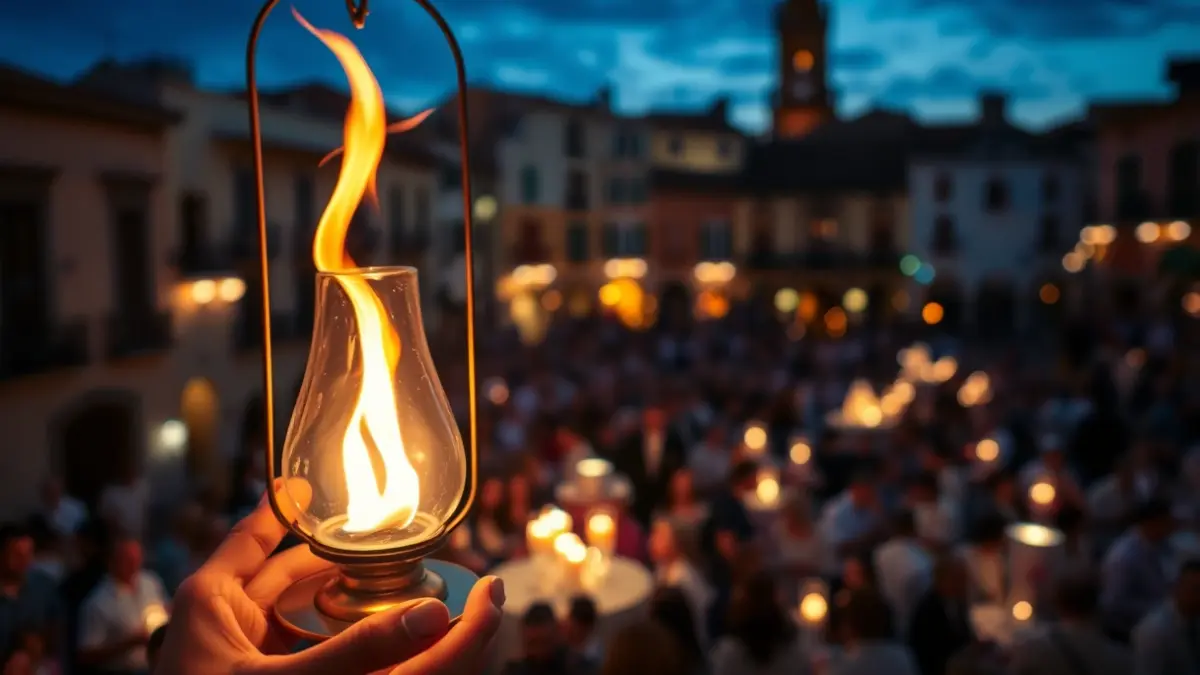 Imatge d'una flama en un quinqué, símbol del Correllengua, en un ambient festiu.