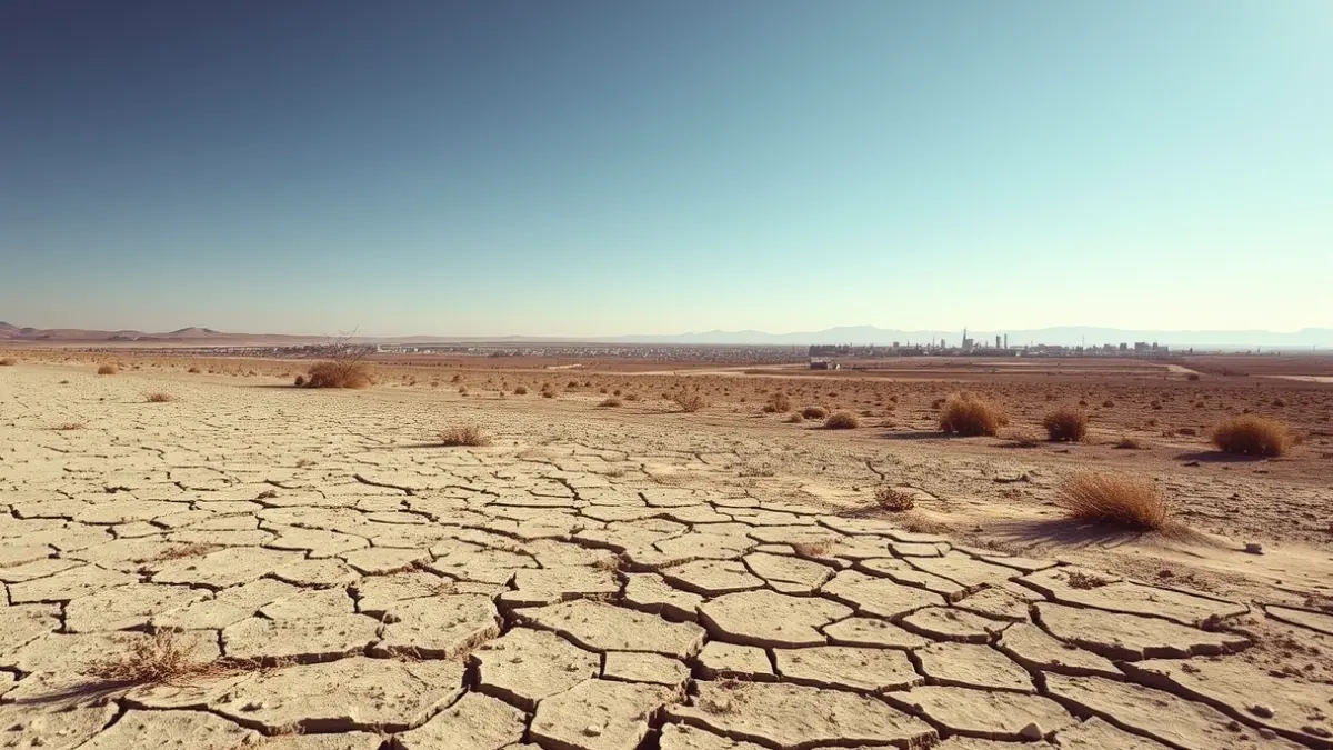 Imatge genèrica d'un paisatge àrid i desolat, amb terra esquerdada i vegetació escassa, sota un cel dur i brillant.
