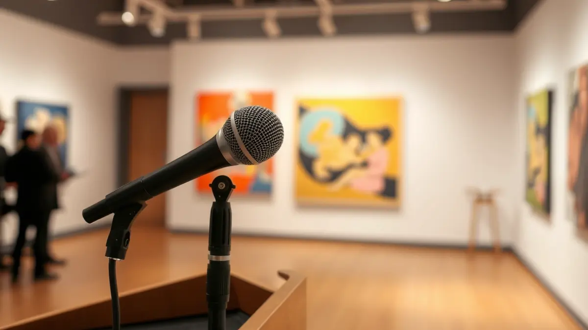Imatge genèrica d'un micròfon en un podi, amb obres d'art contemporani desenfocades al fons.