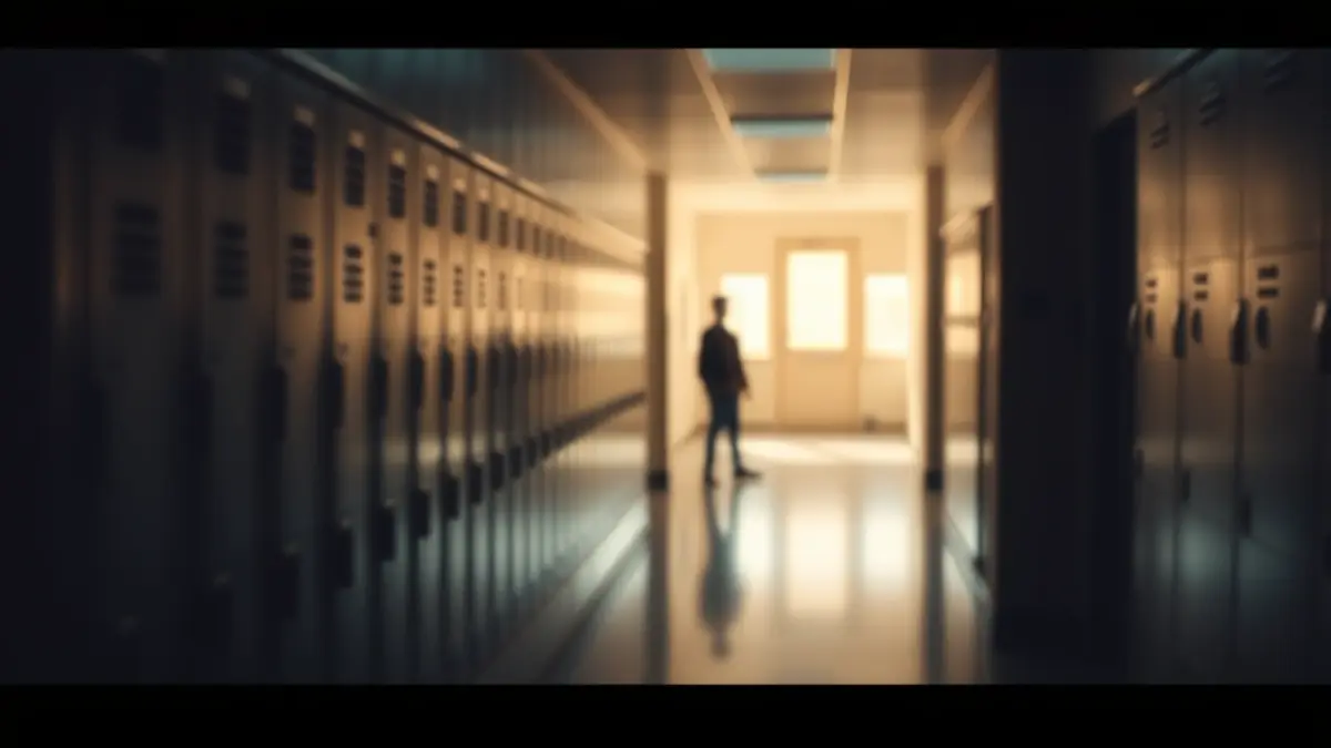 Imatge genèrica d'un passadís escolar amb taquilles, amb una figura borrosa al fons.