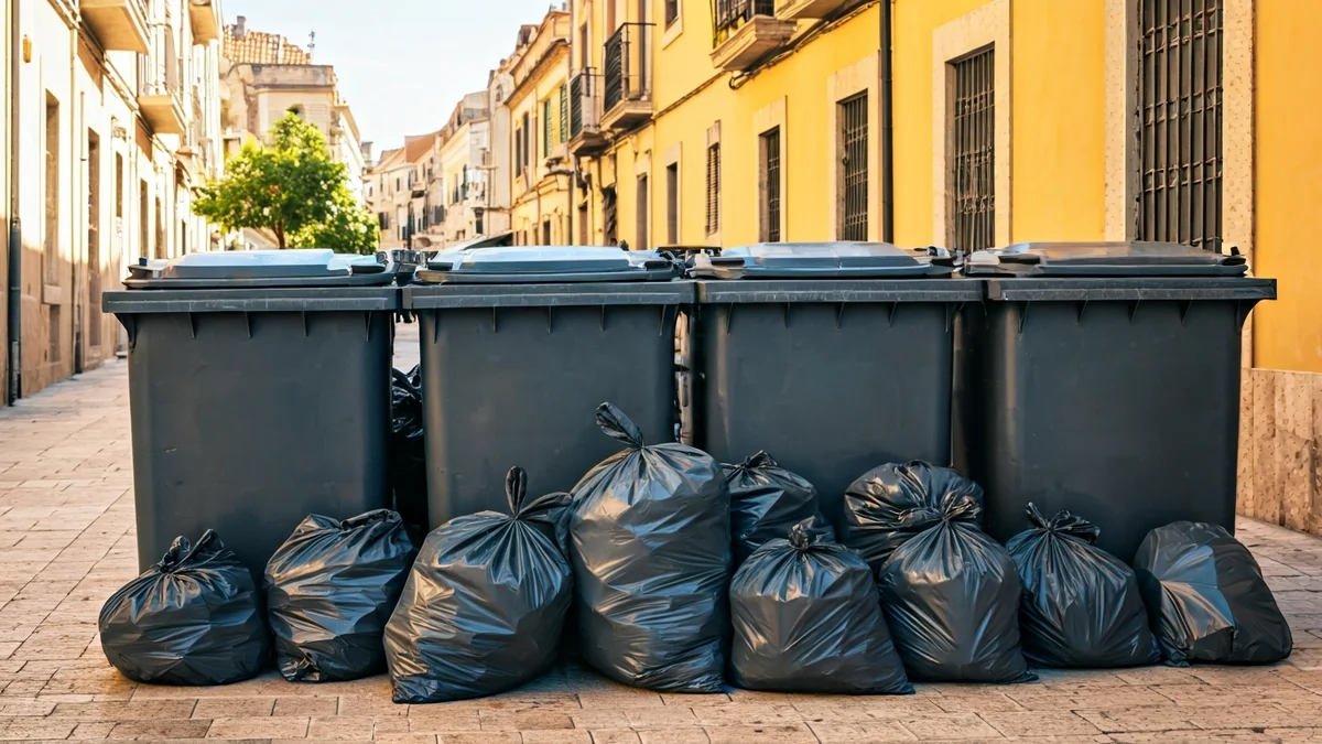 Overflowing waste containers in a Mediterranean city street