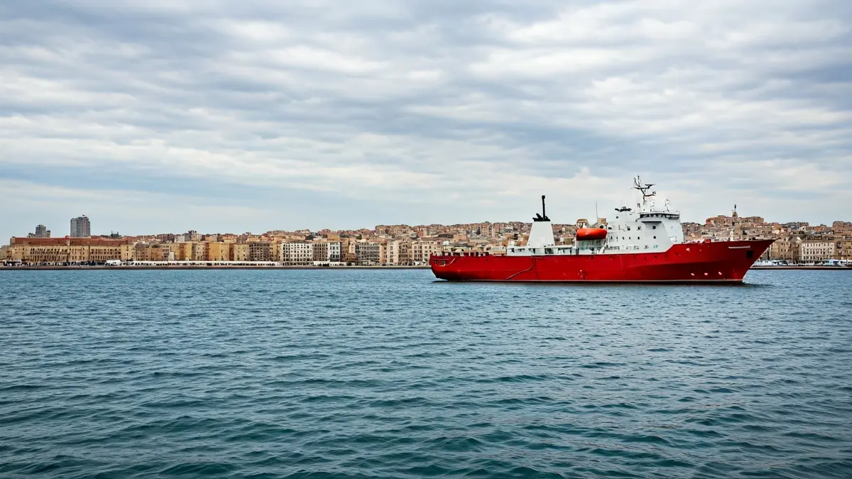 Humanitarian ship in Barcelona port, preparing to sail to Gaza.
