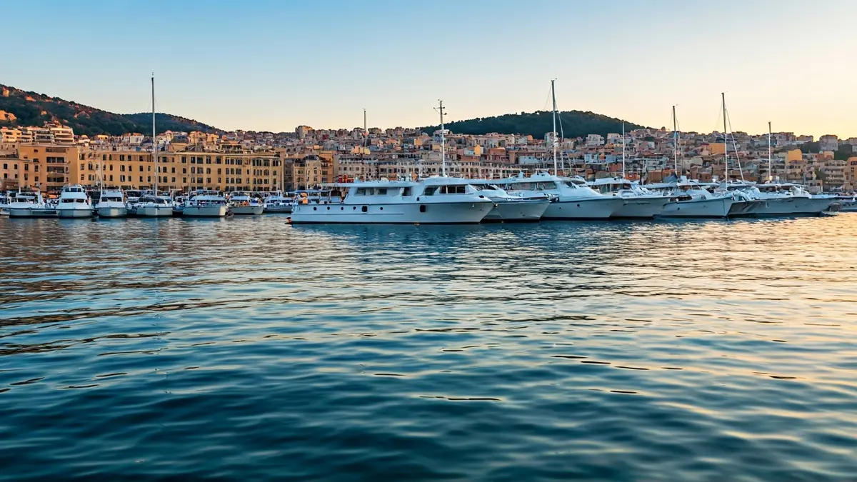 Imatge d'una flotilla de vaixells amarrats en un port mediterrani a l'alba.