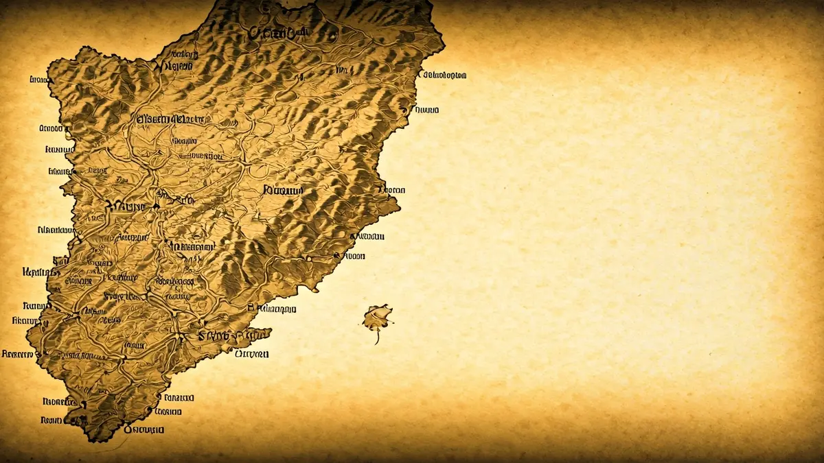 Mapa antiguo del Baix Empordà con nombres de lugares borrados y una brújula.