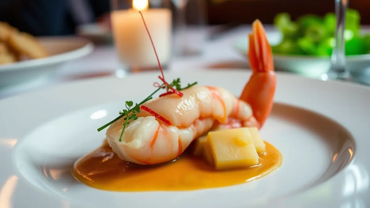 Image of a red prawn with potato parmentier dish, praised by Michelin Guide inspectors.