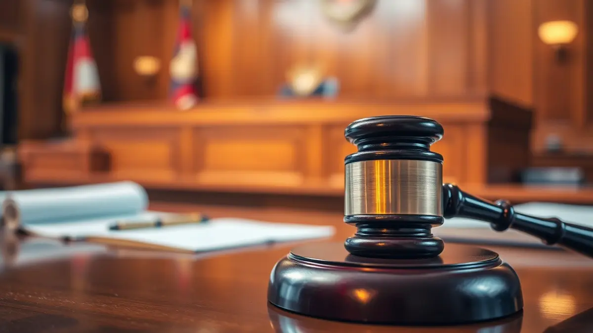 Imatge genèrica d'un martell de jutge sobre una taula de fusta, amb documents legals desenfocats al fons.