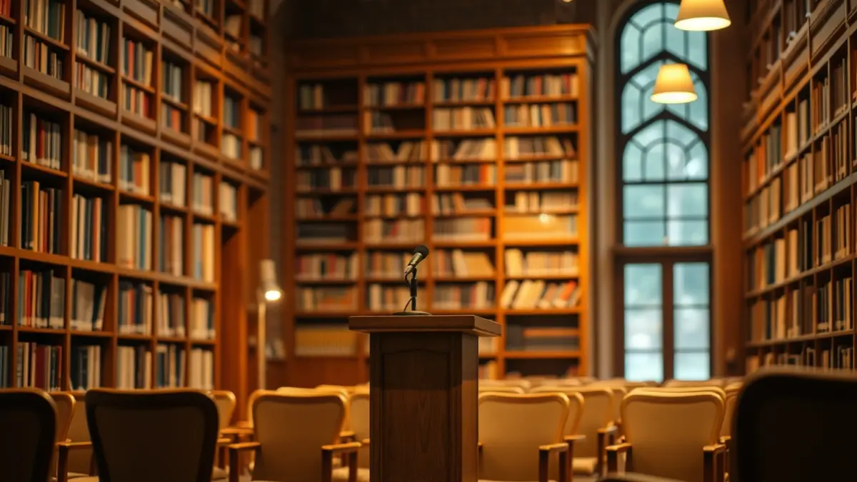 Imatge genèrica d'una sala de lectura o biblioteca amb un faristol i cadires buides.