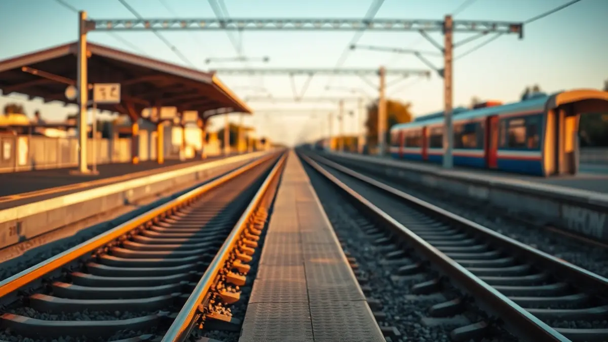 Imagen genérica de vías de tren con una estación al fondo.