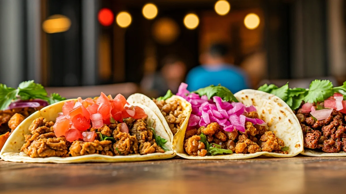 Imatge genèrica de diversos tacos mexicans amb diferents farcits sobre una taula de fusta.