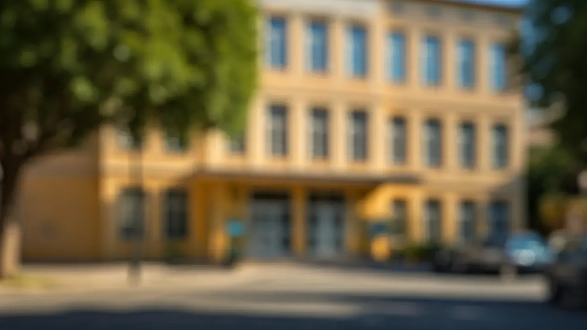Generic image of an urban school, with a street and trees in the foreground, under afternoon sunlight.