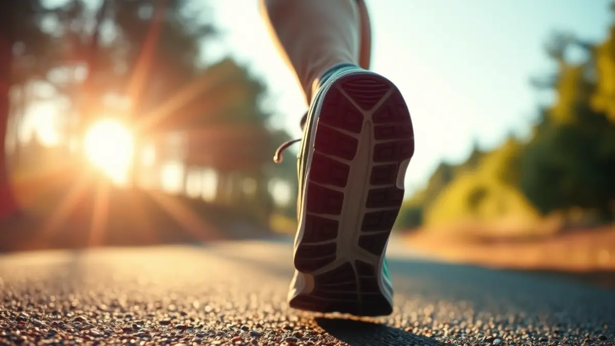 Imatge genèrica d'unes sabatilles de running sobre un camí verd, amb arbres i llum solar difuminats al fons.