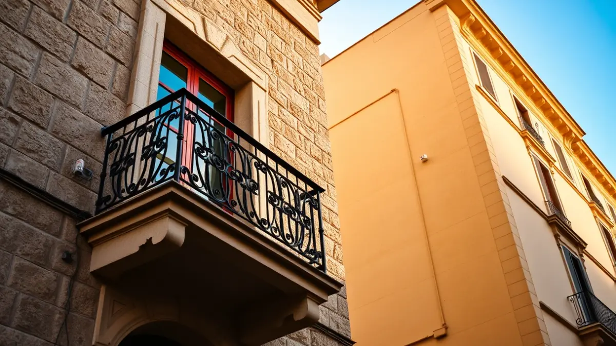 Fachada de un edificio histórico con balcón y barandillas de hierro, iluminada por el sol de la tarde.