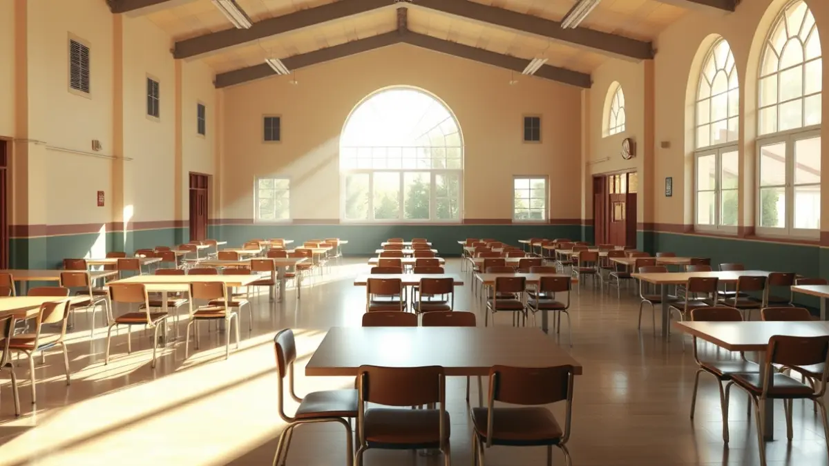 Generic image of an empty school cafeteria with tables and chairs.