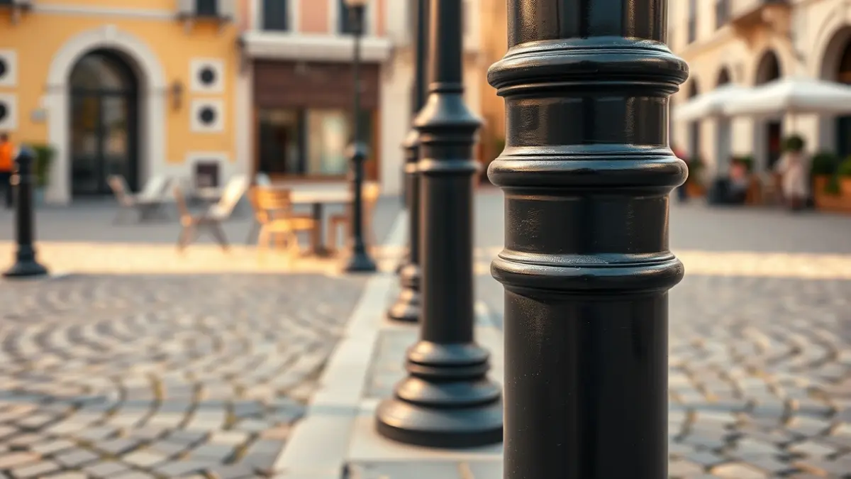 Generic image of renovated bollards and urban furniture in a square.