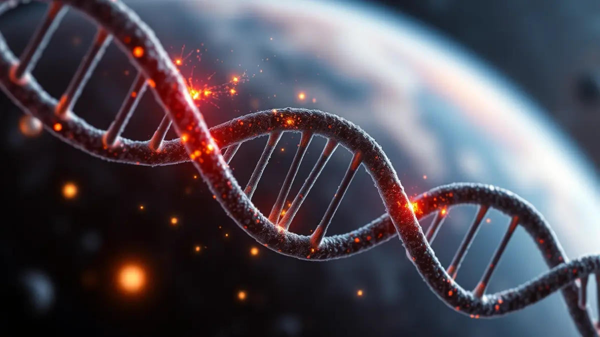Imatge que representa l'ADN humà sent afectat per la radiació còsmica a l'espai.