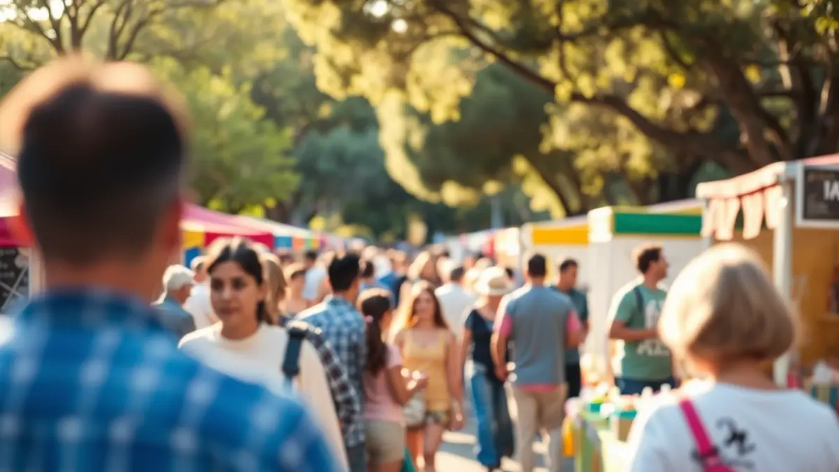 Generic image of a community fair in an urban park, with people interacting and colorful stalls.