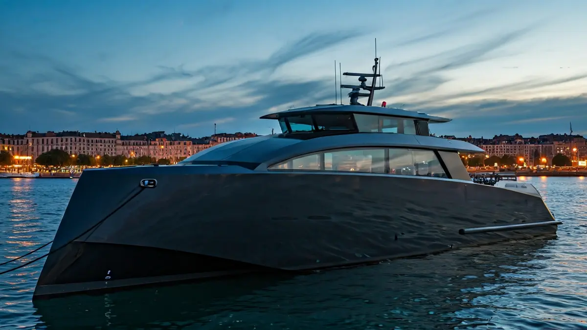 Embarcació elèctrica moderna atracada en un port amb llums de ciutat al fons.