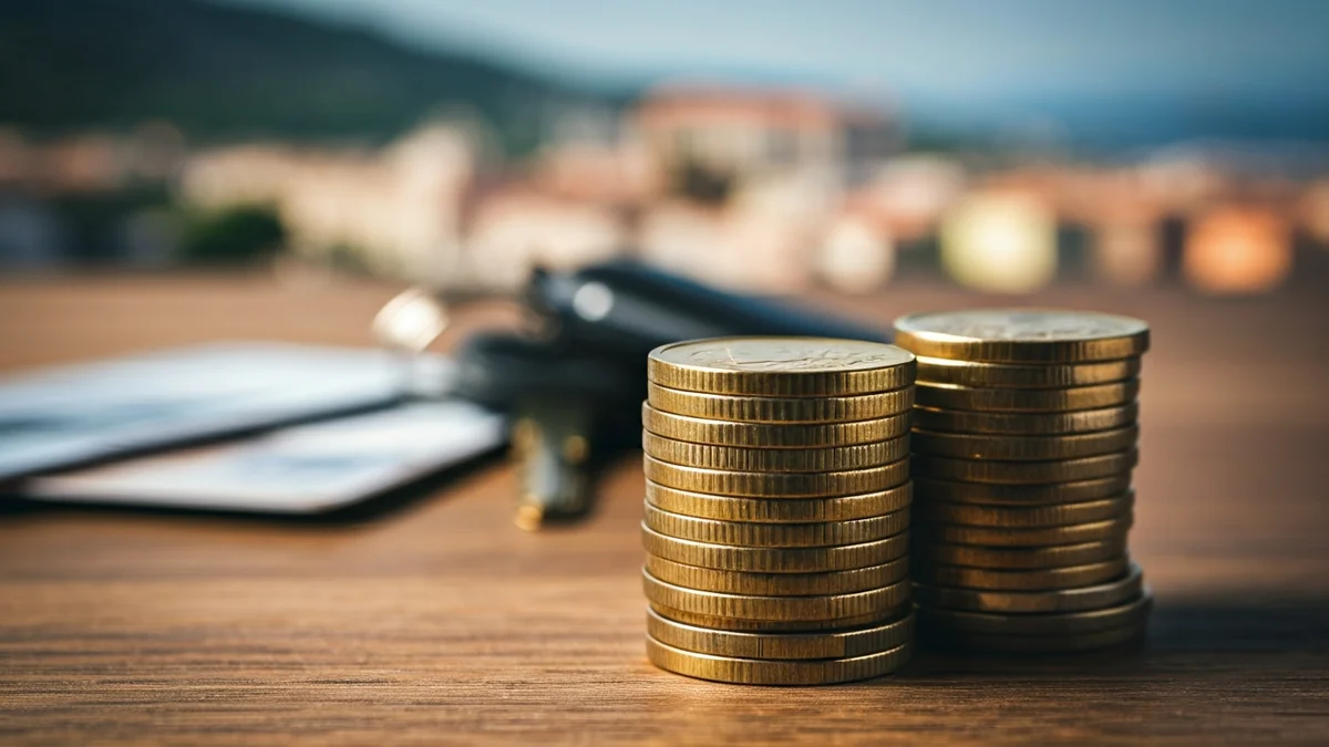 Imatge genèrica de monedes d'euro sobre una taula, amb targetes d'hotel i un perfil urbà difuminat al fons.