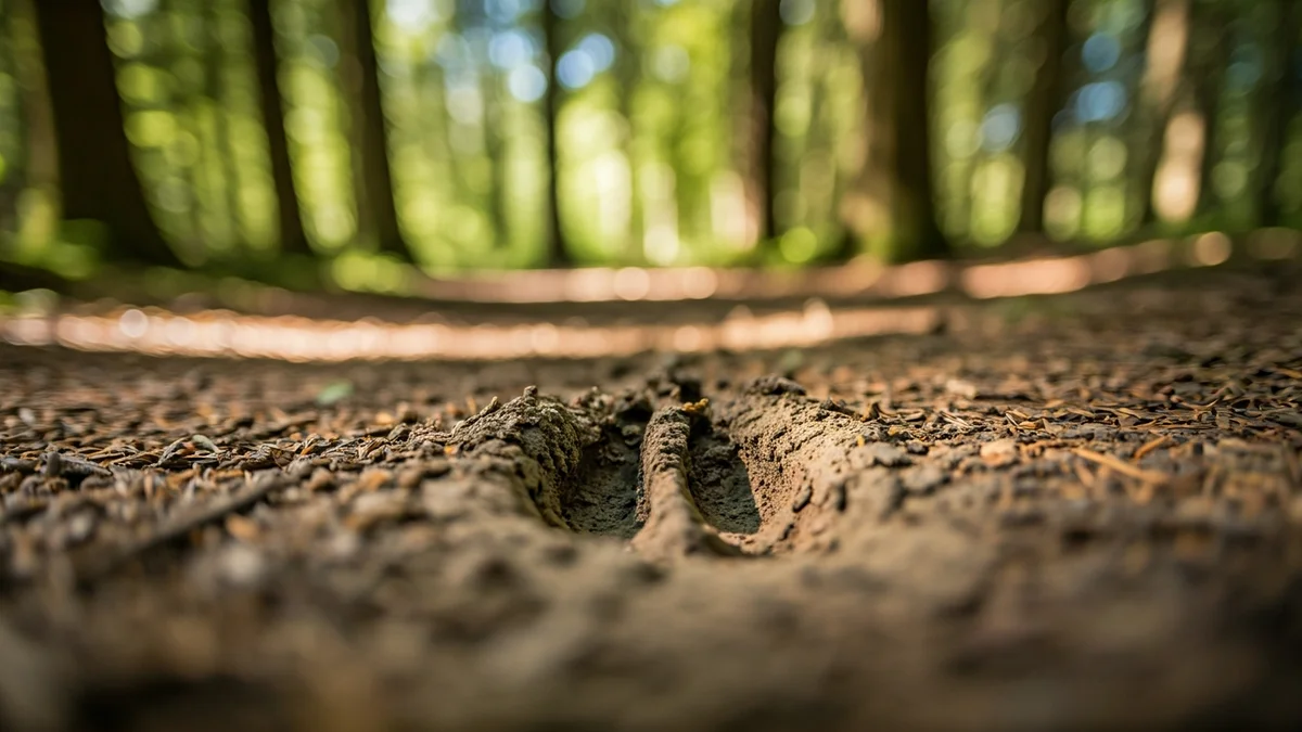 Imatge genèrica d'una petjada de senglar al bosc, amb llum solar filtrant-se entre els arbres.