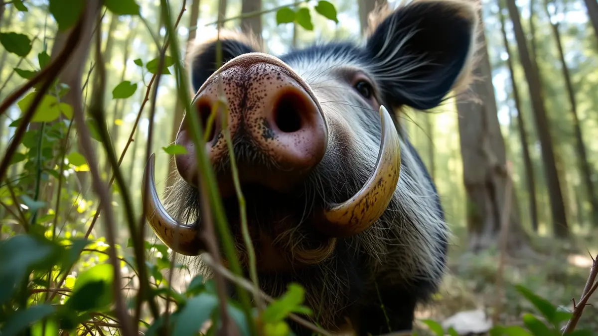 Image of a wild boar in a Mediterranean forest, with its snout and tusks partially hidden by vegetation.