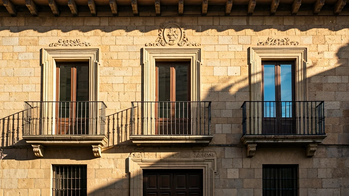 Generic image of a Catalan town hall facade with a balcony and wrought iron railings, illuminated by the afternoon sun