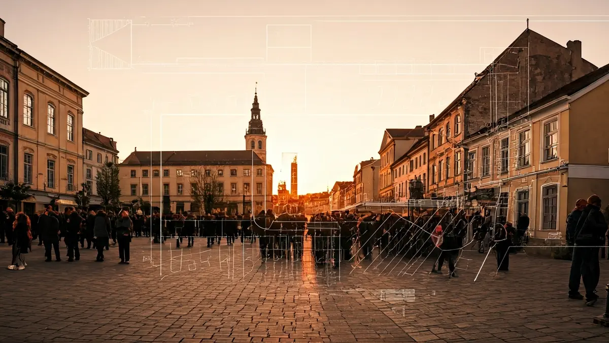 Generic image of an urban plan with a historic city center background, symbolizing urban transformation.