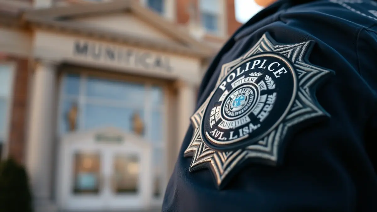 Image of a local police badge on a dark blue uniform, with a blurred municipal building in the background.