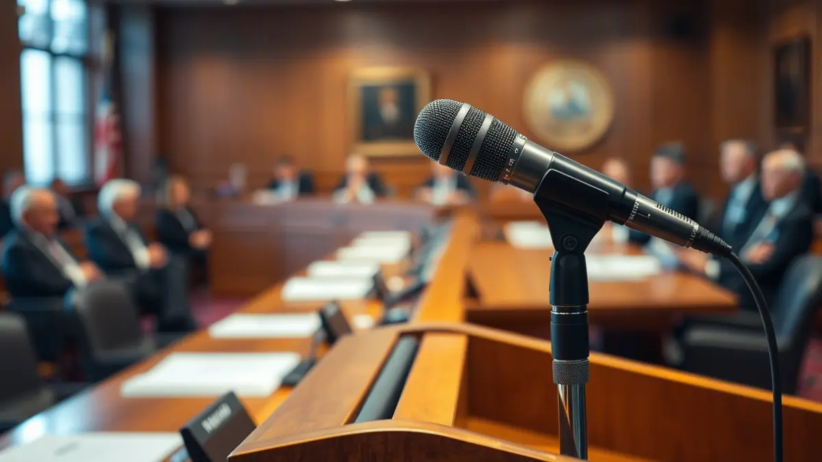 Generic image of a microphone on a podium in a municipal council chamber.