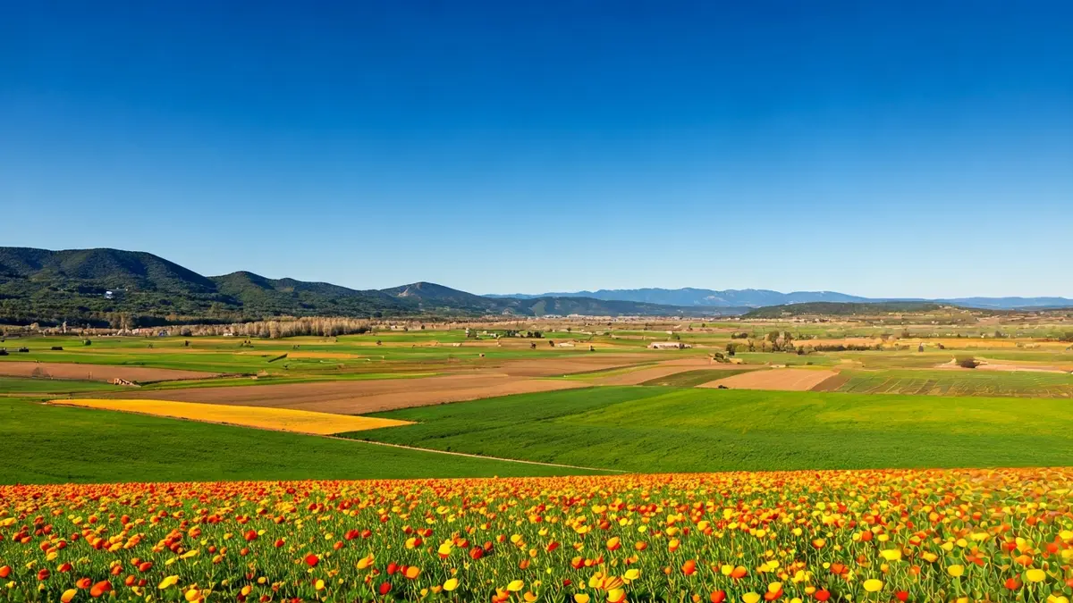 Spring landscape of the Lleida region with blooming fields and mountains in the background.