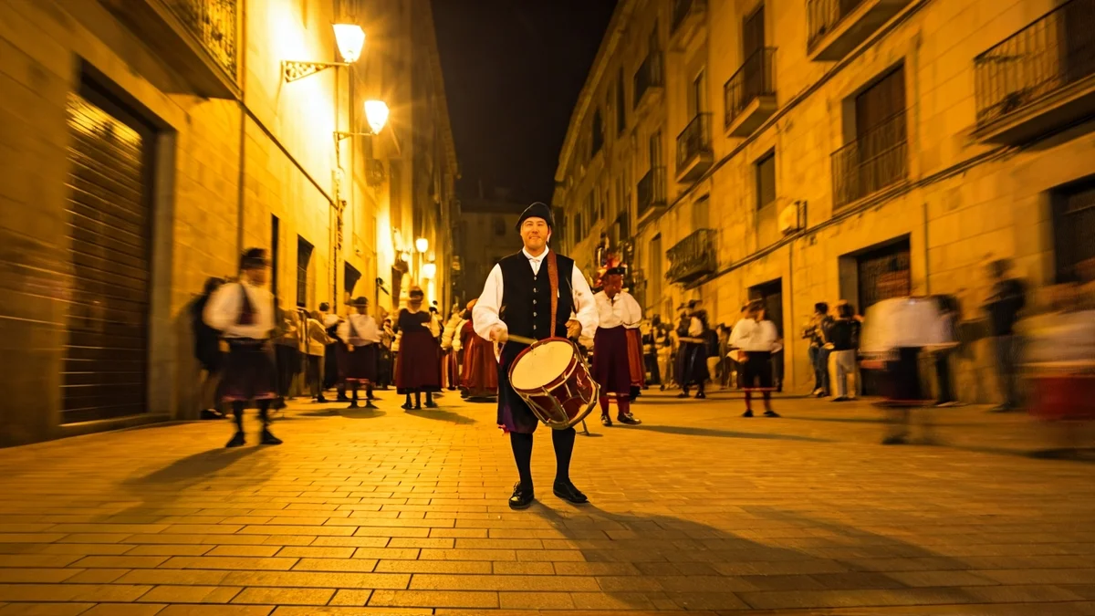 Generic image of a night procession in a traditional Catalan street with blurred figures and a drum