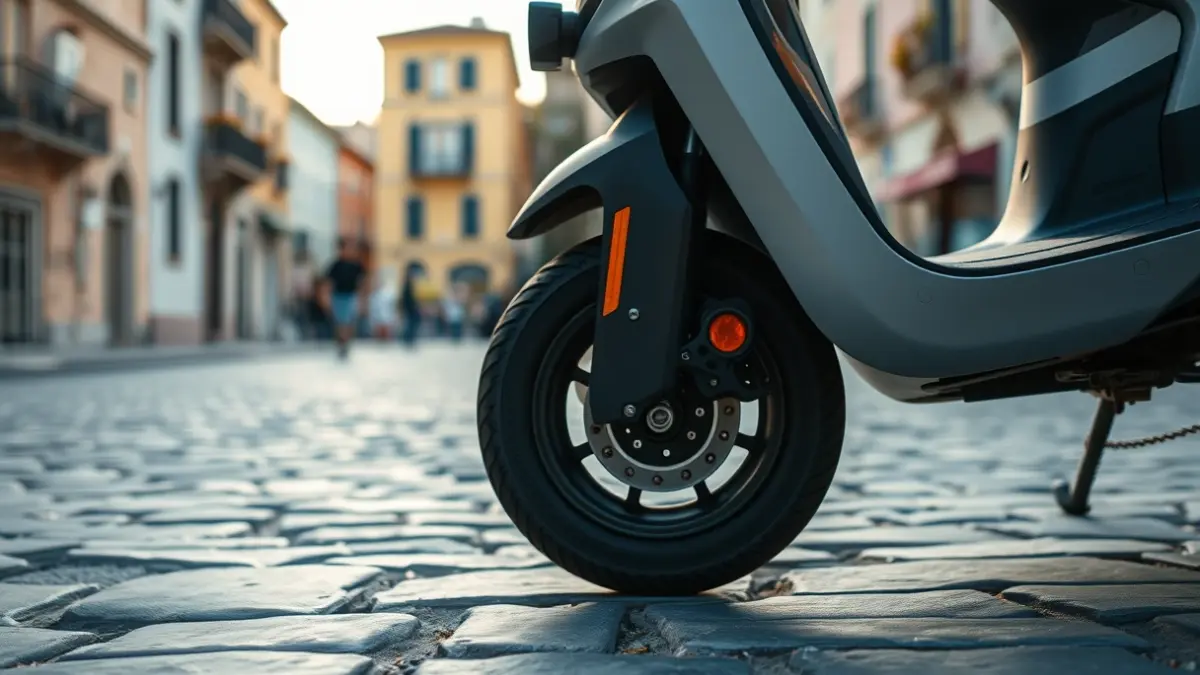 Imatge genèrica d'una roda de patinet elèctric aparcada en una vorera de pedra, amb llum càlida de vespre.