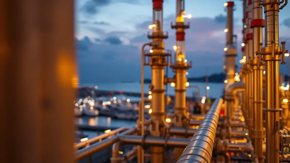 Image of an industrial refinery at dusk, with the facility lighting highlighting the structures and pipes.