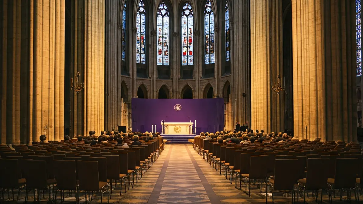 Imatge genèrica d'un esdeveniment formal en una catedral, amb un podi i cadires buides.