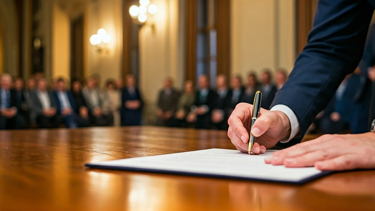 Imatge genèrica d'unes mans elegants signant un document en una taula de fusta, amb elements decoratius borrosos i il·luminació suau en una sala gran.