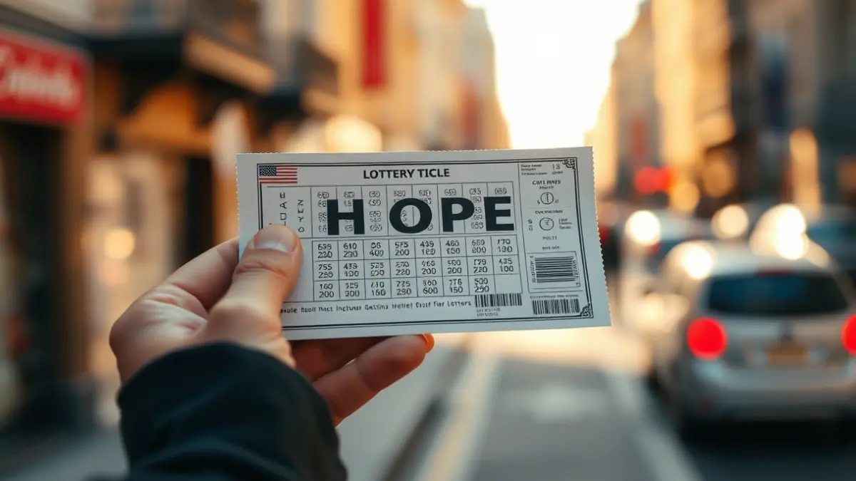 Imagen genérica de un cupón de lotería siendo sostenido por unas manos, con un fondo urbano desenfocado.