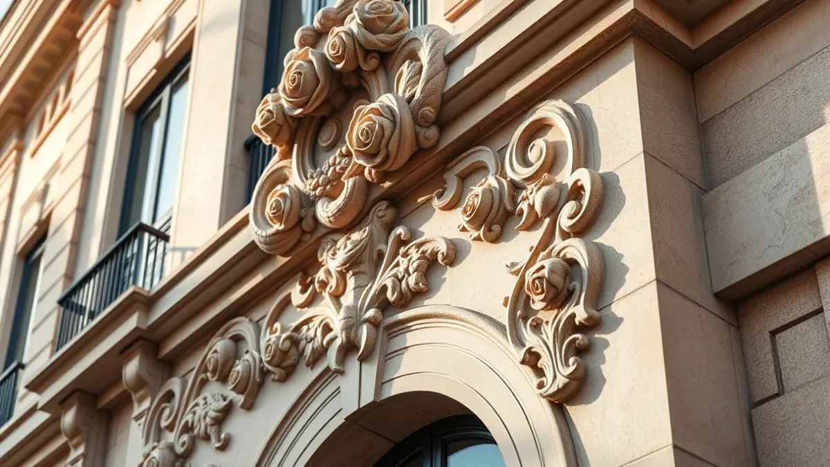 Detall d'una façana modernista a Reus amb motius de roses i dracs.