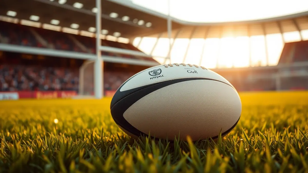 Imatge genèrica d'una pilota de rugbi sobre la gespa d'un camp.