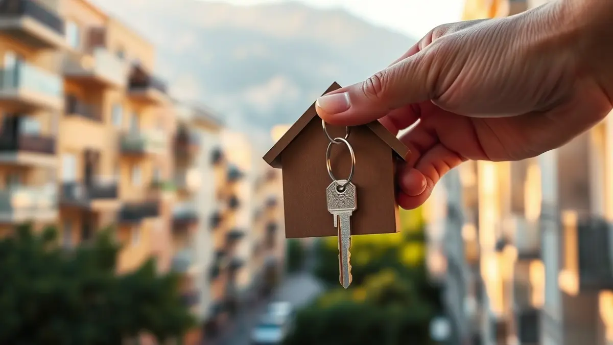 Generic image of a hand holding a house key with apartment buildings in the background, symbolizing housing access.
