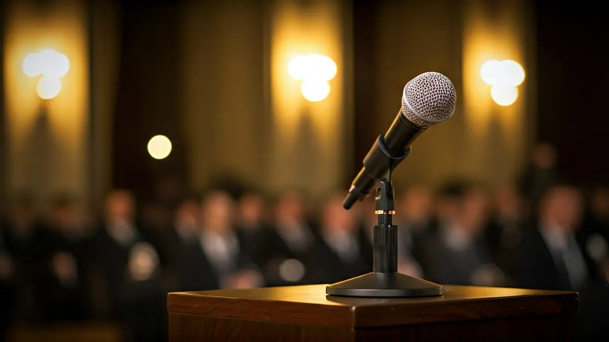 Generic image of a microphone on a podium, symbolizing a debate or conference.