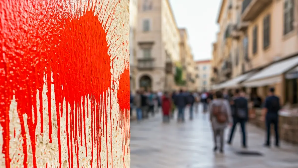 Façana d'un edifici amb pintura vermella esquitxada