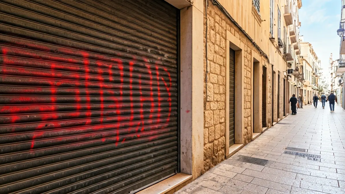 Red graffiti on the facade and shutter of a building in Barcelona
