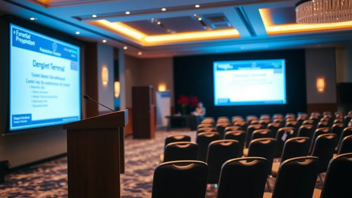 Imatge genèrica d'una sala de conferències amb un podi i cadires buides.