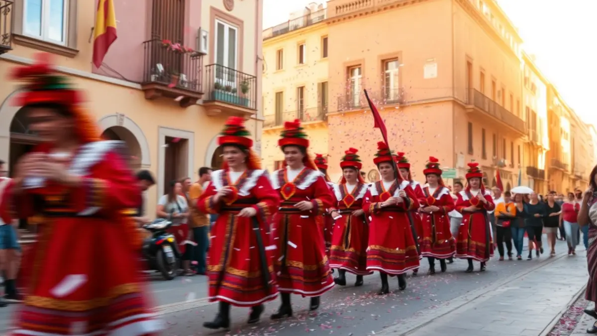 Imatge d'una cercavila de gegants en una festa popular catalana, amb confeti i gent borrosa al fons.