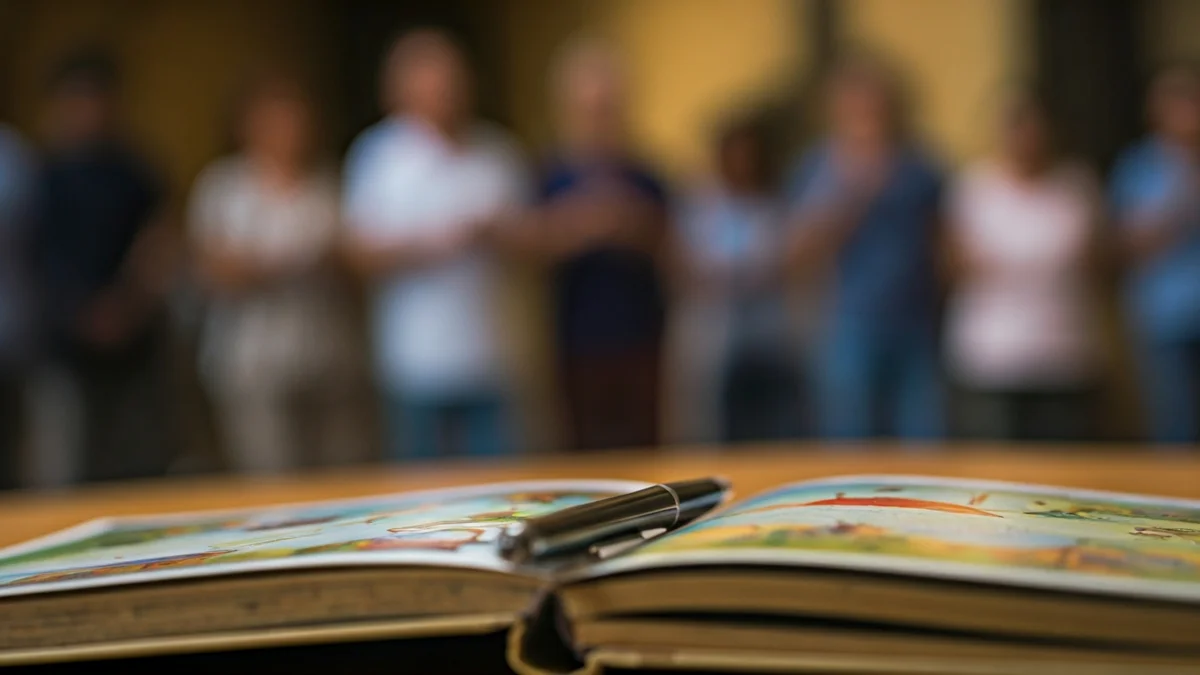 Imagen genérica de un libro de cuentos infantiles abierto con un bolígrafo encima, simbolizando la creación literaria.