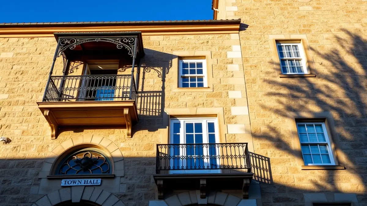 Facade of the Seu d'Urgell town hall with wrought iron balcony under sunlight.