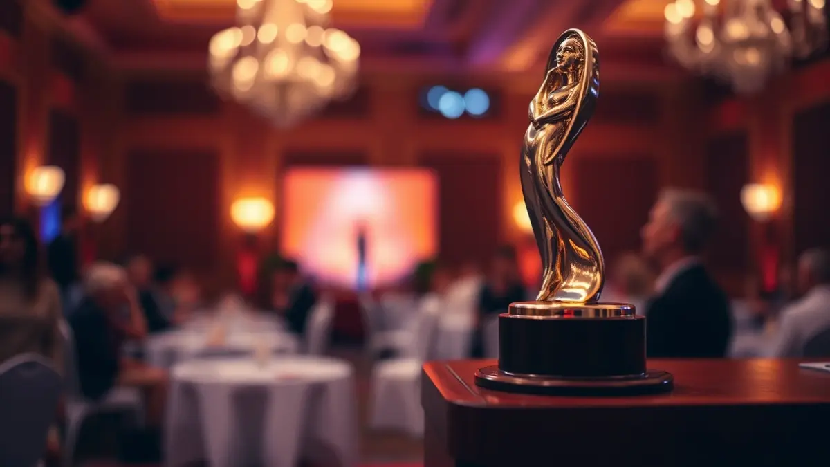 Imatge genèrica d'una estatueta de premi en un podi, amb un fons d'esdeveniment elegant.