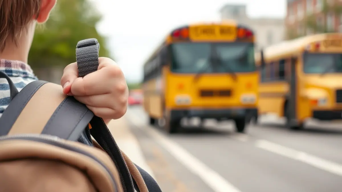 Imagen de un niño con una mochila escolar, con un autobús escolar al fondo, simbolizando el transporte adaptado.