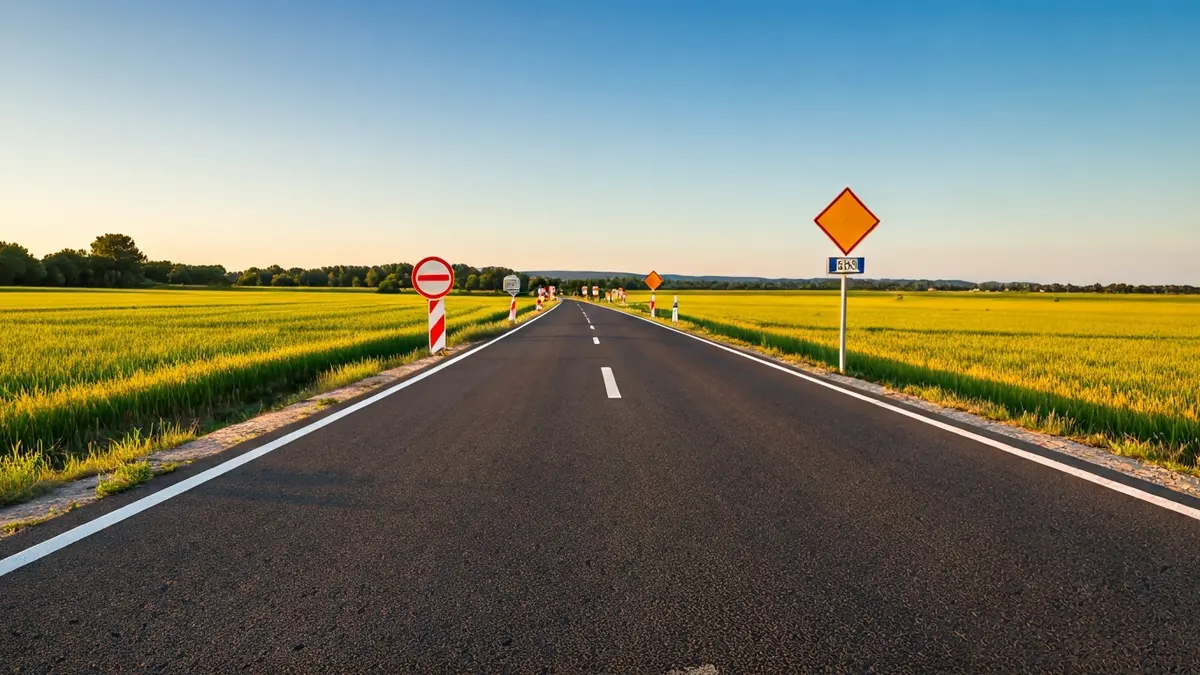 Imatge d'una carretera rural amb senyals de trànsit i obres en un paisatge agrícola.