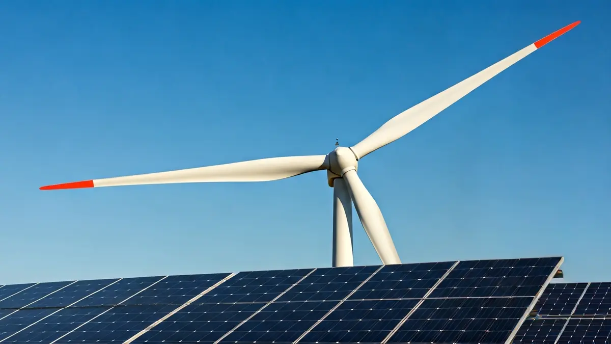 Generic image of wind turbine blades and solar panels, symbolizing energy transition.